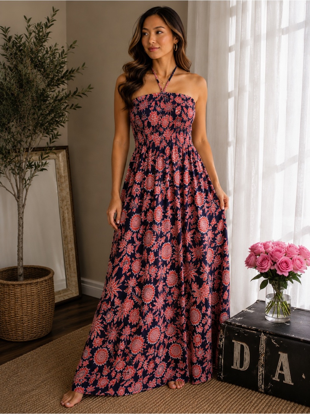 Smocked Navy Maxi Dress with Coral Floral Print